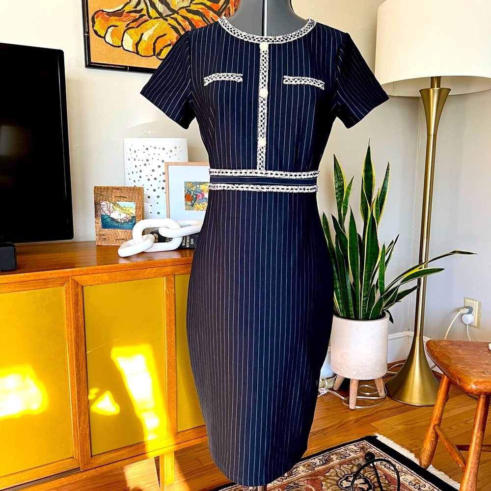 VFSHOW VFEMAGE Blue Pinstriped Dress Size S